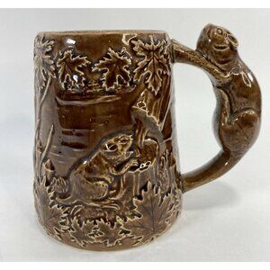 River Beaver Pottery Brown Glaze Hand Painted Mug Large 5-1/4" Tall Leaves Tree